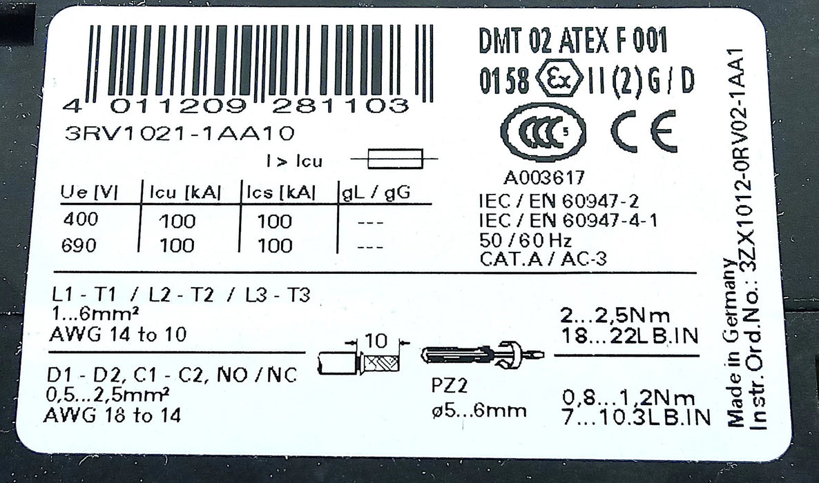 Siemens 3RV1021-1AA10 400VAC 1.1-1.6 Adjustable Amperage 3-Pole Circuit Breaker