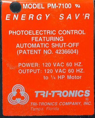 TRI-TRONICS PM-7100 16749 120 V AC 1/4 HP Photoelectric Control Safety Relay