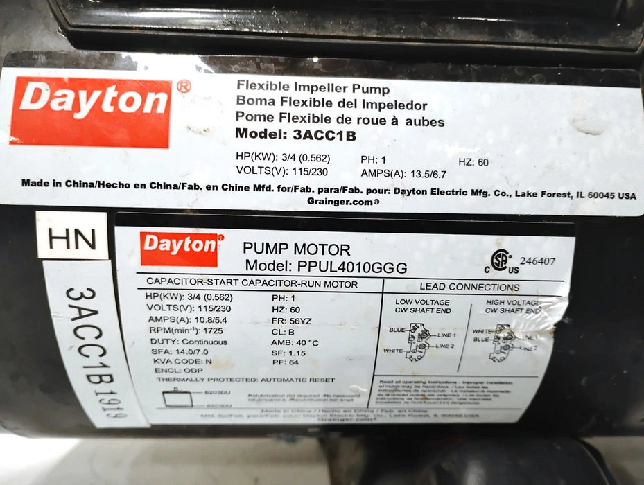 Dayton 3ACC1B 115/230 V 3/4 HP 1725 RPM 1" FNPT Flexible Impeller Pump