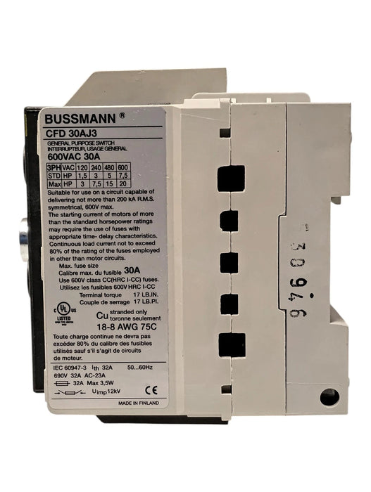 Bussmann CFD30AJ3 600 V AC 30 A 3 Pole Fusible Disconnect Switch w/ Rod