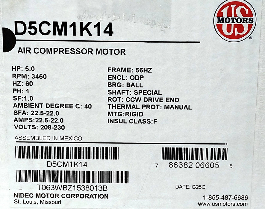 US Motors D5CM1K14 208/230 V AC 22 A 3450 RPM 5 HP Air Compressor Motor