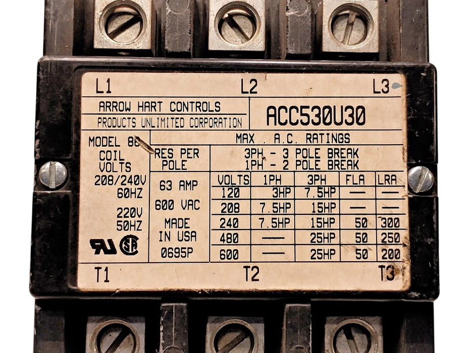 Arrow Hart Controls ACC530U30 600 V AC 50 A Contactor w/ 208-240 V AC Coil