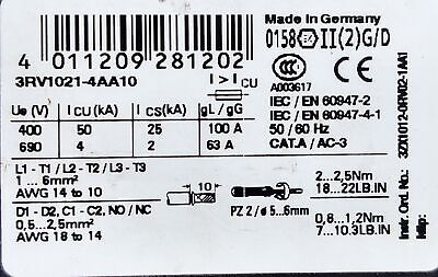 Siemens 3RV1021-1AA10 400VAC 21A 3-Pole Circuit Breaker