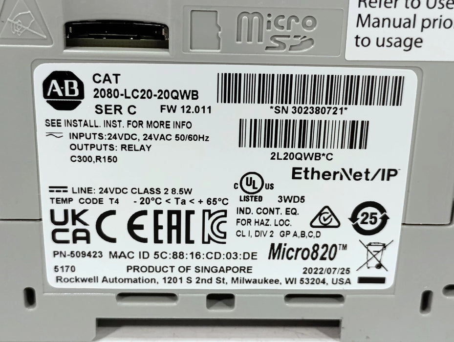 Allen-Bradley 2080-LC20-20QWB Micro820 24 V AC/DC PLC Input/Output Module