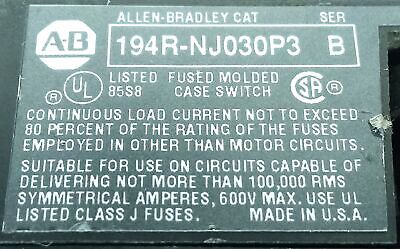 Allen-Bradley 194R-NJ030P3 600 VAC 30 A Disconnect w/ 194R-HS4E Operating Handle