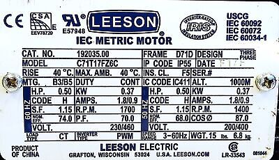 LEESON 192035.00 C71T17FZ6C 230/460 V 0.5 HP IEC Metric Motor