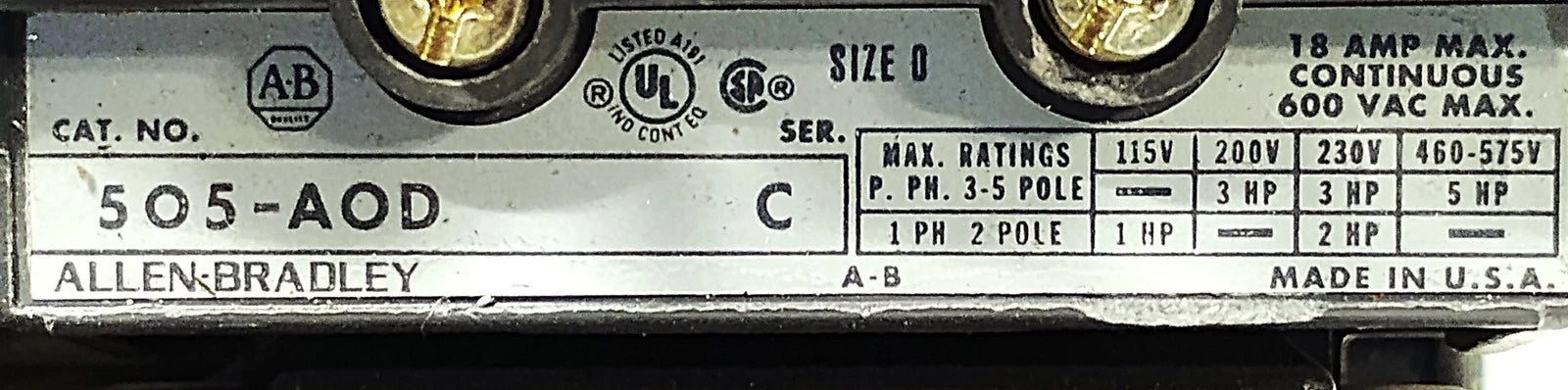 Allen-Bradley 505-AOD 600VAC 16 A Size 0 Reversing Starter w/ Overload Relay
