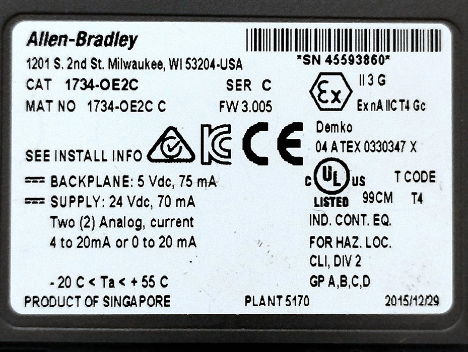 Allen-Bradley 1734-OE2C Ser C 24 V DC Analog PLC Output Module