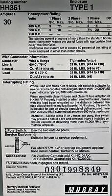 Murray HH361 Safety Disconnect Switch Enclosure