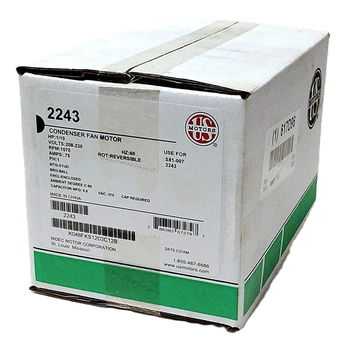 US Motors 2243 208-230V AC 0.75 A 1075 RPM 1/10 HP TEAO Condenser Fan Motor