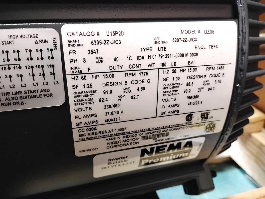 NIDEC US Motors U15P2D 230/460 190/380 V 15 HP 1465/1775 RPM 254T TEFC Motor