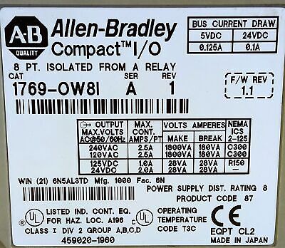 Allen-Bradley 1769-OW8I Ser A Rev 1 F/W Rev 1.1 PLC Output Module