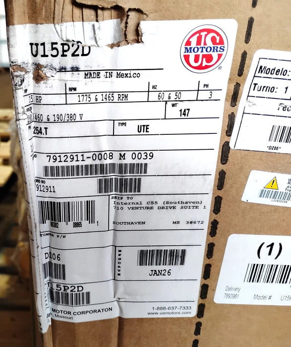NIDEC US Motors U15P2D 230/460 190/380 V 15 HP 1465/1775 RPM 254T TEFC Motor
