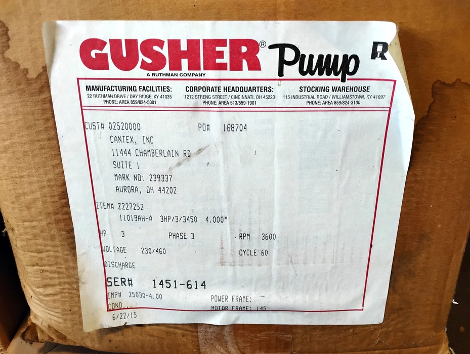 Gusher Pumps 11019AH-A 208-230/460 V 3 HP 3 PH 3450 RPM 182 GPM Centrifugal Pump