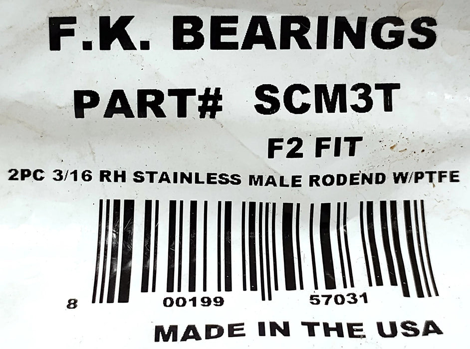FK Bearings SCM3T 2 pc 3/16 RH Stainless Male Rod End w/ PTFE