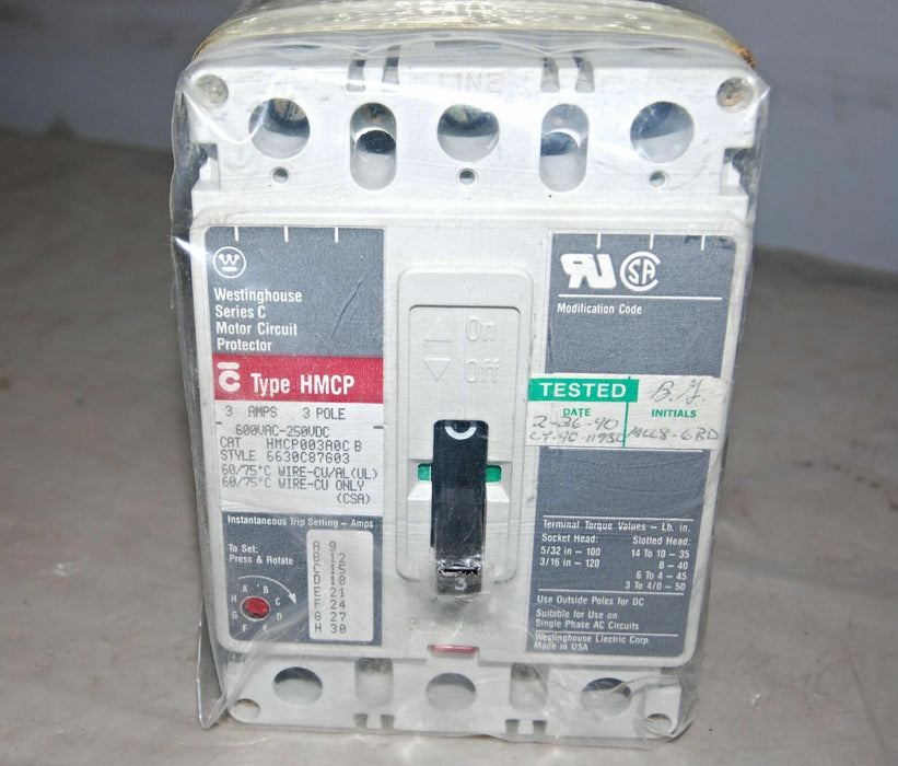 Westinghouse HMCP003A0C 600 V AC 250 V DC 3 A Circuit Breaker