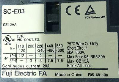 Fuji Electric SC-E03 12 A Contactor w/ TK-E02-2.8-4.2 Adjustable Overload Relay