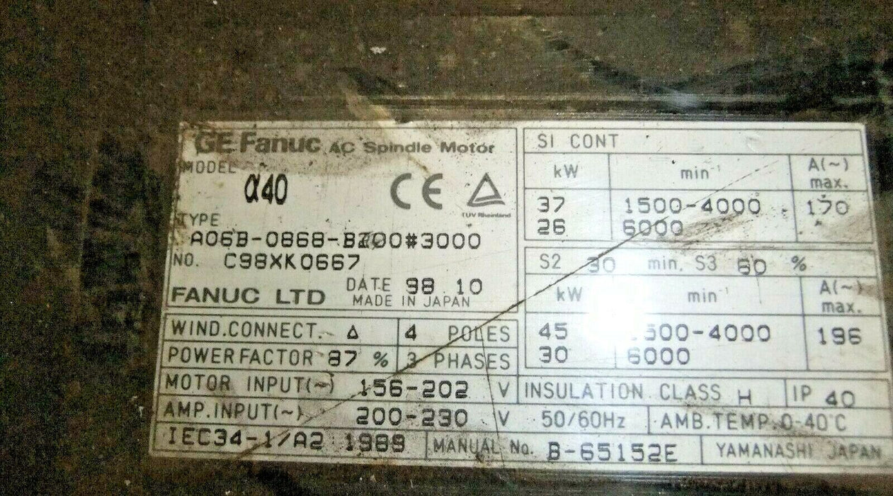 Fanuc Spindle Servo Motor A06B-0868-B200 #3000