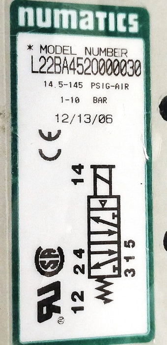Numatics L22BA452O000030 14.5-145 psi Solenoid Valve w/ 100-120 V AC Coil