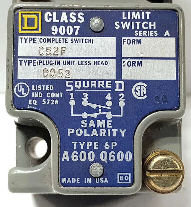 Square D 9007C52F 600 V Roller Plunger Limit Switch