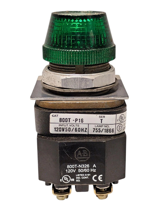 Allen-Bradley 800T-P16G Ser T 120VAC Transformer Style Pilot Light w/ Green Lens