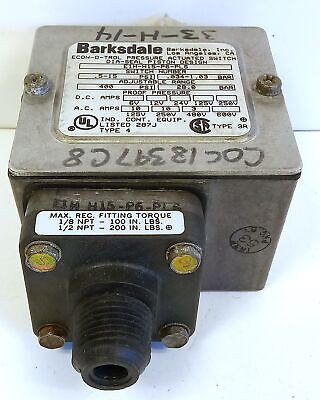 Barksdale E1H-H15-P6-PLS 125/250/480 V AC 10 A 0.5-15 psi Pressure Switch