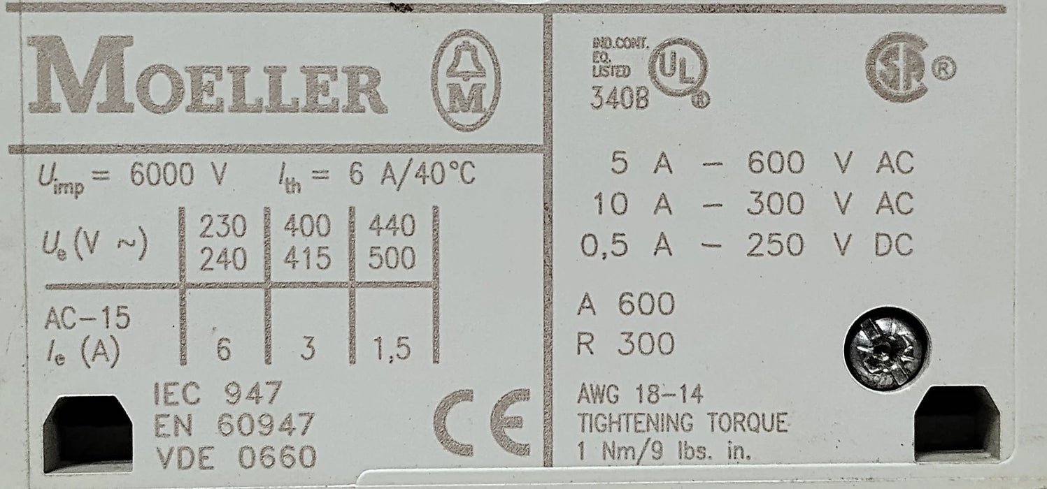Eaton NHI11-PKZ2 690 V AC 10 A Auxiliary Contact w/ 1 NO and 1 NC Contacts