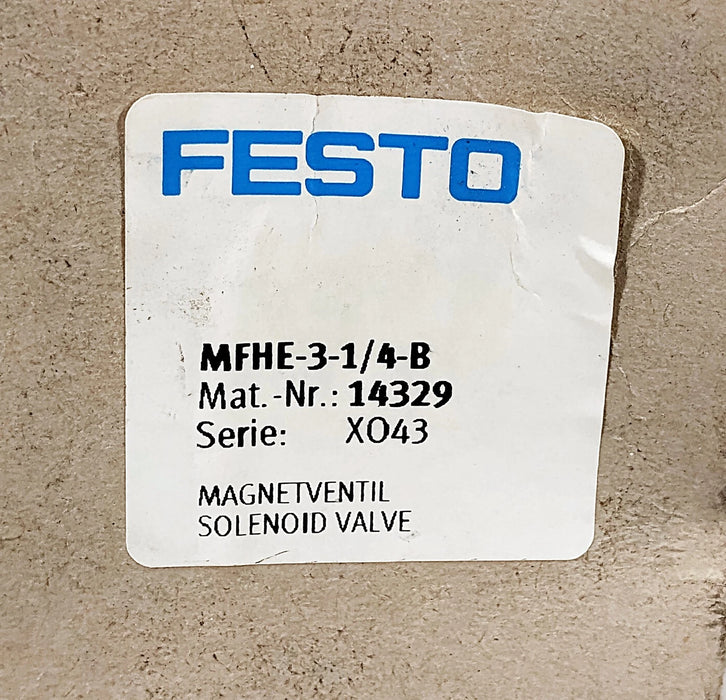 Festo MFHE-3-1/4-B 14329 2-10 bar Solenoid Valve w/ 1/4 in BSPP Ports w/ No Coil