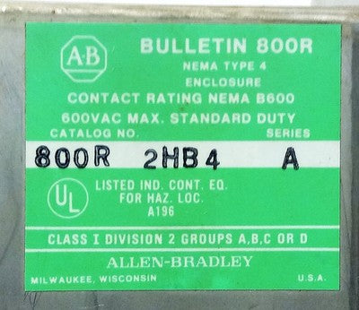 Allen-Bradley 800R-2HB4 600 V AC 5 A Pushbutton Staion in 304 2B SS Enclosure