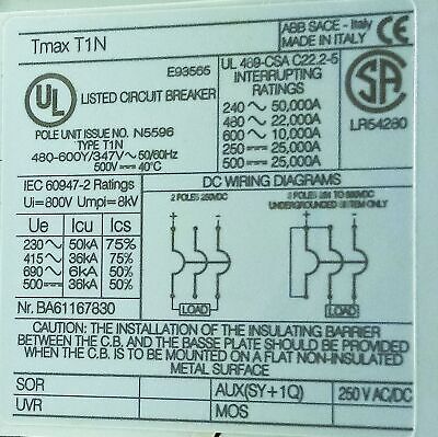 ABB 1SDA061805R1 SACE TMAX T1N 100 250 V AC/DC 60 A Molded Case Circuit Breaker