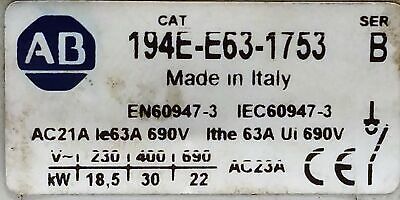 Allen-Bradley 194E-E63-1753 690 V AC 63 A Disconnector w/ Operator Handle