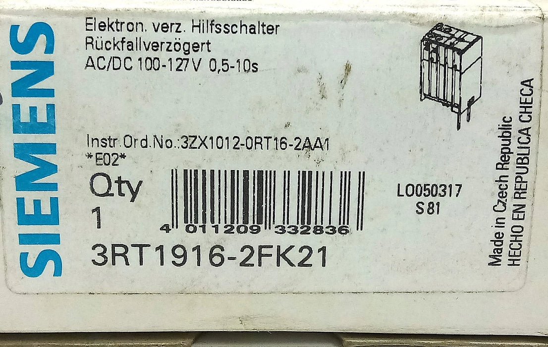 Siemens 3RT1916-2FK21 0.5-10 Second Delay Timer for Contactors