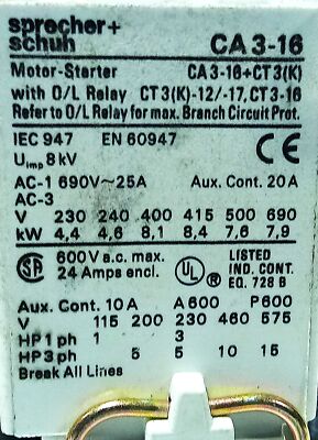 Sprecher & Shuh CA3-16-10 600 V AC 25 A Motor Starter w/ 24 V AC Coil