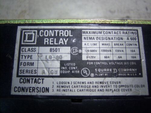 Square D Relay 8501-LO80 10A 8 P 110/50 120/60