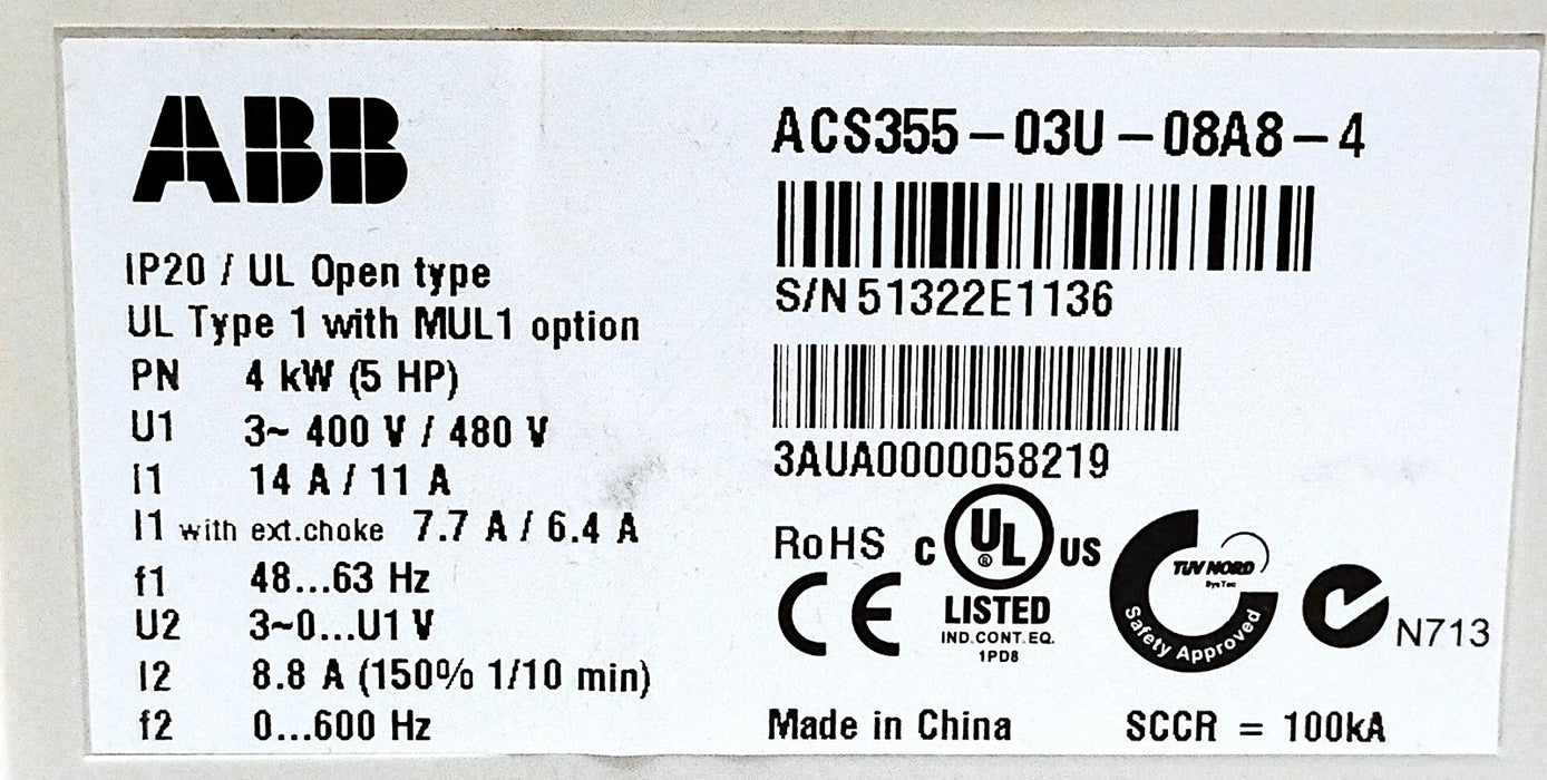 ABB ACS355-03U-08A8-4 380-480 VAC 8.8 A 4kW 5 HP AC Drive w/ ACS-CP-A Controller