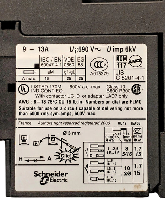 Telemecanique LRD16 690 V 9-13 A Overload Relay w/ LAD7B10 DIN Rail Attachment