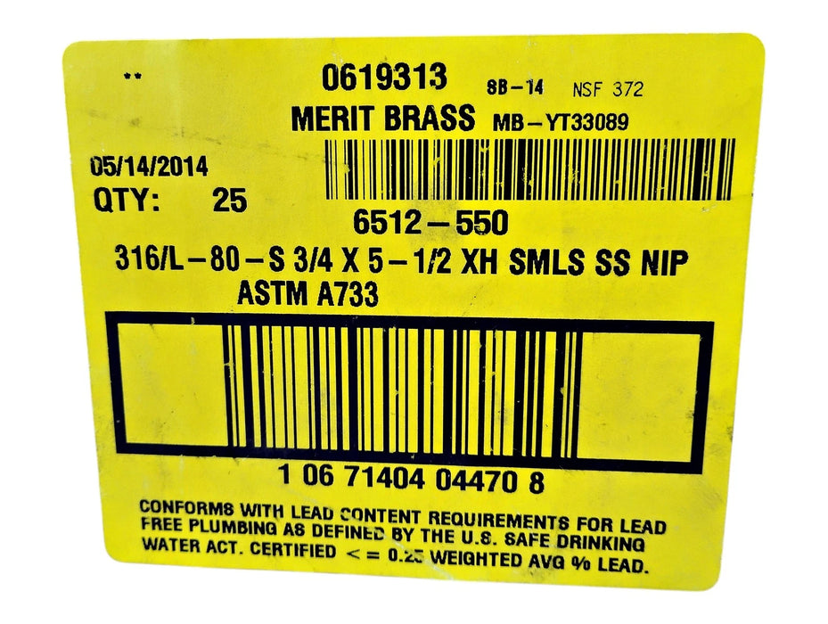 Merit Brass 6512-550 3/4" x 5-1/2" MNPT SCH 80 316 SS Seamless Pipe Nipple