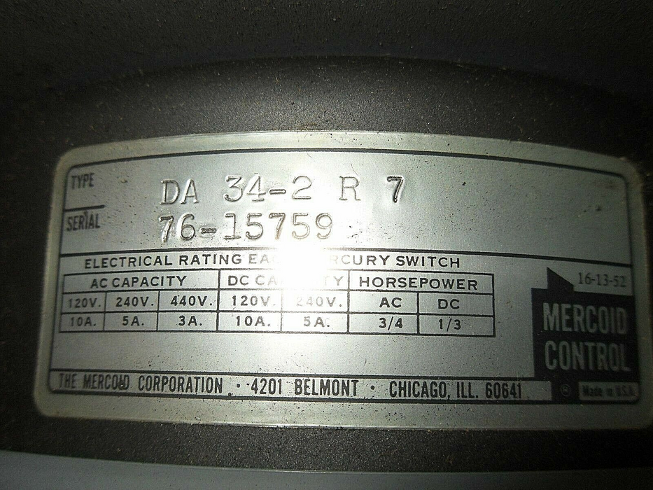 Mercoid Control Da 34-2 R 7 Pressure Control