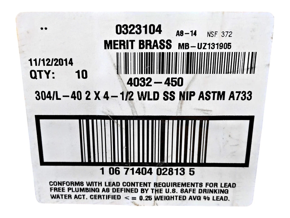 Merit Brass 4032-450 2" x 4-1/2" L MNPT Sch 40 304 Stainless Steel Pipe Nipple