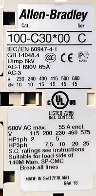 Allen-Bradley 100-C30D00 30 A Non-Reversing Contactor W/ 110/120 V AC Coil