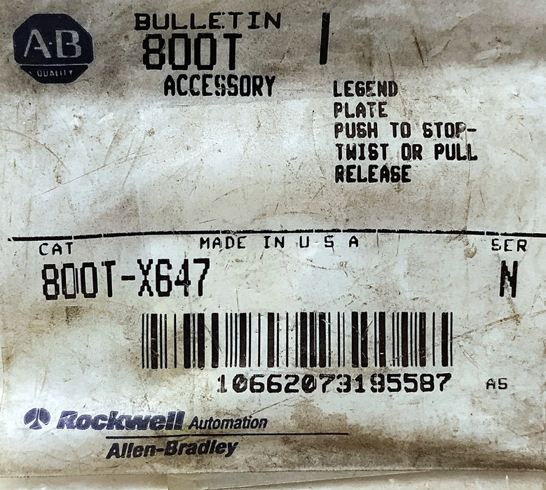 Allen-Bradley 800T-X647 and 800T-X646EM Aluminum Legend Plates for 30 mm Switch