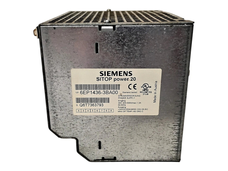 Siemens 6EP1436-3BA00 400-500 V AC 24 V DC 480 W SITOP Power 20 Power Supply