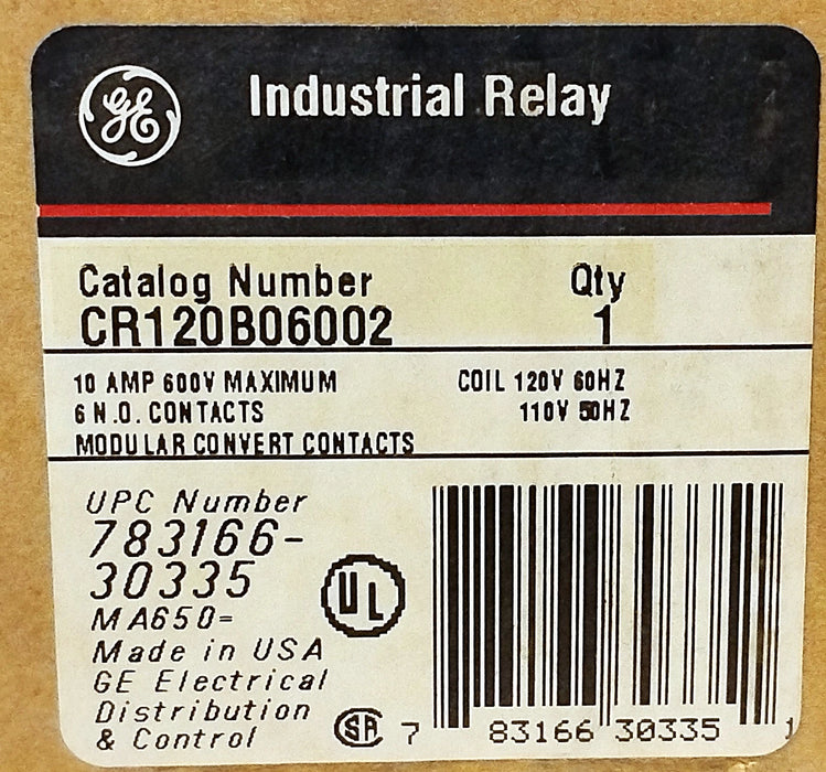 GE CR120B06002 600 V AC 10 A Industrial Relay w/ 110/120 V AC Coil